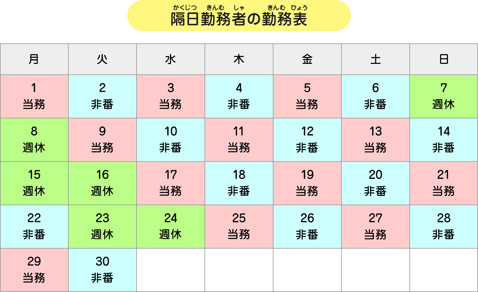 隔日勤務者の勤務表